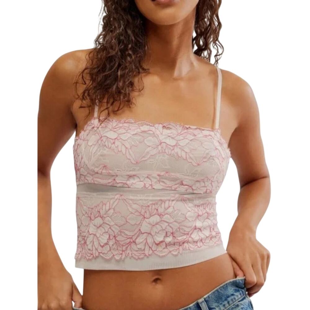 Free People Double Date Embroidered Mesh Crop Camisole in Ivory & Red Size L